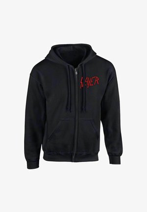 Sudadera negra con cremallera hecha de algodón, con un bolsillo frontal, capucha con cordones y el logo rojo "SLAYER" impreso en el lado izquierdo.