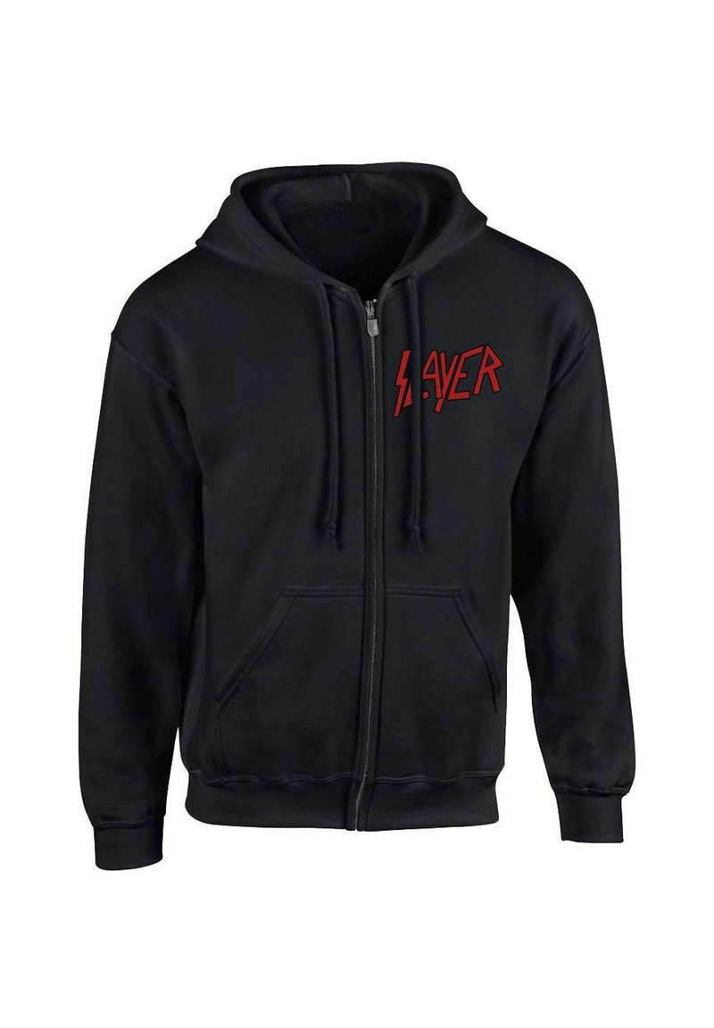 Felpa nera con zip realizzata in cotone, dotata di tasca frontale, cappuccio con cordino e logo rosso "SLAYER" stampato sul lato sinistro.