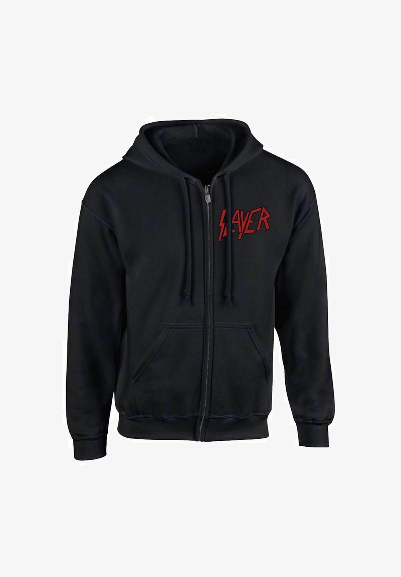 Zwarte rits-hoodie van katoen, met een voorzak, een capuchon met trekkoord en een rode "SLAYER" logo gedrukt aan de linkerkant.