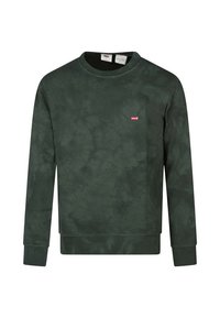 Sudadera de cuello redondo verde oscuro hecha de un tejido suave, con un patrón de tie-dye tonal y un pequeño logo rojo de Levi's en el pecho.