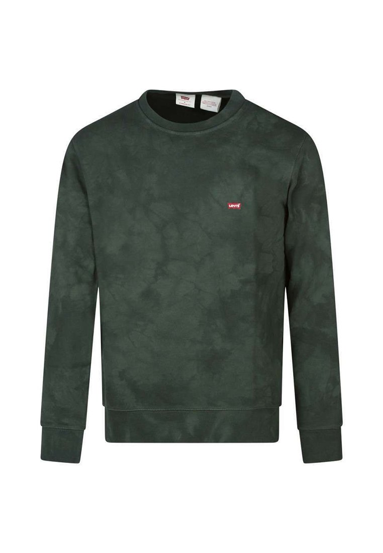 Sudadera de cuello redondo verde oscuro hecha de un tejido suave, con un patrón de tie-dye tonal y un pequeño logo rojo de Levi's en el pecho.