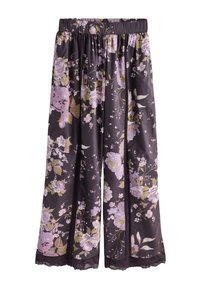 Pantalon large violet foncé avec motif floral rose et vert, taille élastique et bordure en dentelle à l'ourlet.