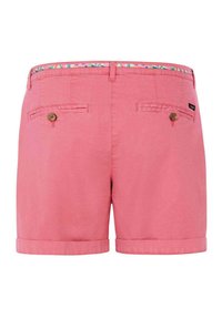 Roze katoenen shorts met een knoopzak aan de achterkant, omgeslagen zoom en een patroon aan de binnenzijde van de tailleband. Soepele textuur en een getailleerde pasvorm.