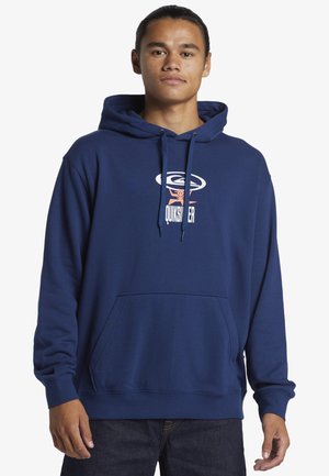 Navy blue hoodie made from soft fabric, featuring a front pocket and a drawstring hood. Quiksilver logo displayed prominently on the chest.