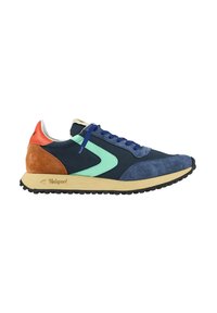 Sneakers da corsa in stile retrò blu navy e teal con tomaia in suede e tessuto, tallone arancione a contrasto e suola in gomma testurizzata.