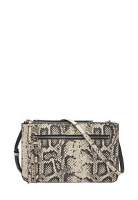 Crossbody tas met slangenhuidpatroon in beige en zwart, met meerdere ritscompartimenten en een afneembare schouderband.