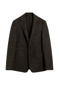 Blazer a cuadros marrón oscuro hecho de tela texturizada, con solapas con muescas, cierre de un botón y dos bolsillos frontales.