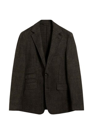 Blazer a cuadros marrón oscuro hecho de tela texturizada, con solapas con muescas, cierre de un botón y dos bolsillos frontales.