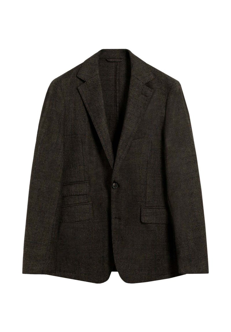 Blazer a cuadros marrón oscuro hecho de tela texturizada, con solapas con muescas, cierre de un botón y dos bolsillos frontales.
