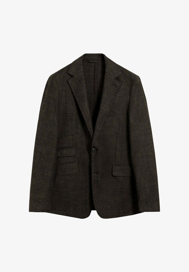 Blazer a cuadros marrón oscuro hecho de tela texturizada, con solapas con muescas, cierre de un botón y dos bolsillos frontales.