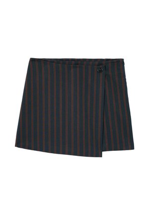 Jupe portefeuille bleu marine foncé avec fines rayures rouges verticales et fermeture par bouton noir sur la partie supérieure droite.