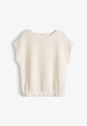 Haut en tricot à manches courtes de couleur crème avec texture côtelée, col rond et ourlet élastique.