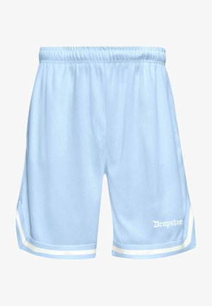 Pantaloni sportivi azzurri chiari con tessuto testurizzato, cintura elastica e bordo bianco all'orlo. Logo "Dropsize" in bianco sul lato sinistro.
