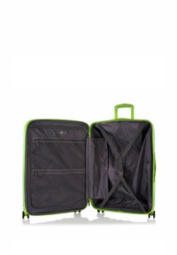 Valigia rigida di colore verde brillante, con un interno nero dotato di tasche organizzative e cinghie per fissare gli oggetti, su quattro ruote.