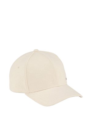 Beige baseball cap with textured diamond pattern, curved brim, and a small metallic logo on the side. Adjustable back strap.