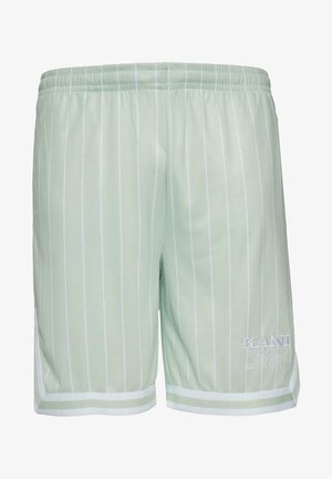 Heledad rohelised lühikesed püksid valgete vertikaalsete triipudega, elastse vöökoha, valge ääre ja tikandiga logodetailiga vasakul alakulmusel.