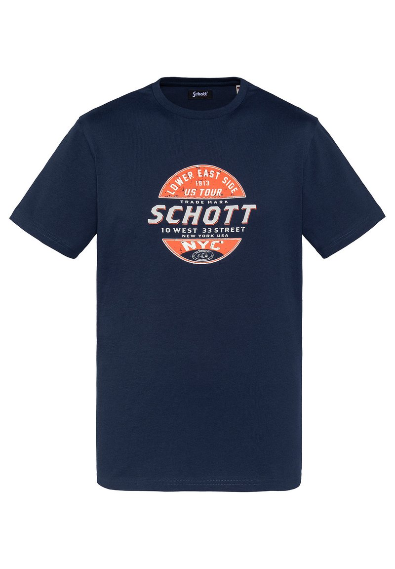 Camiseta de algodón azul marino de manga corta. Presenta un cuello redondo y un diseño gráfico circular en naranja y blanco. El texto incluye "Schott" y detalles de ubicación.