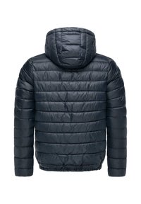 Marineblå puffjakke med hætte, med en quiltet design, ribbede manchetter, elastisk kant og en glat, skinnende overflade.