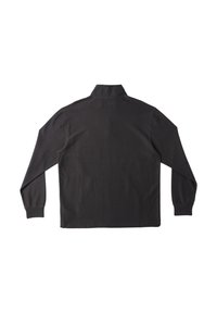 Black long-sleeve polo shirt with a collar, featuring a textured fabric and cuffs. Back view shows minimal branding at the neck.