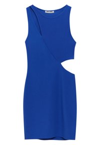 Modrá bezramenná šaty s kulatým výstřihem, s postranním výřezem a asymetrickým designem. Vyrobeno z měkké, elastické tkaniny.
