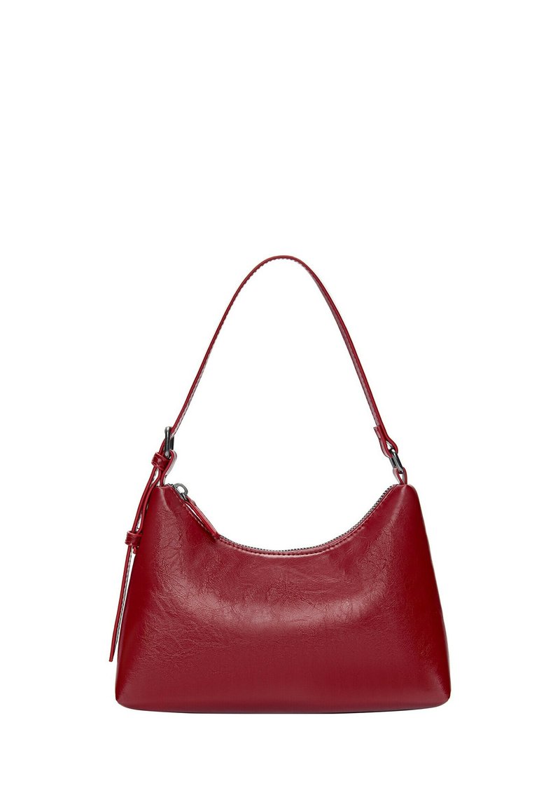 Red leather shoulder bag with a curved design, smooth texture, and a zipper closure. It features a thin handle for carrying.