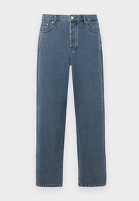 Blå denimjeans med rak bendesign, featuring en dragkedja, bältesloopar och femfickorsdesign. Tyget visar lätt blekning och struktur.