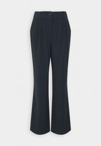 Pantalon habillé noir taille haute, cintré, avec plis sur le devant, passants de ceinture et fermeture par bouton, présenté sur un fond blanc uni.