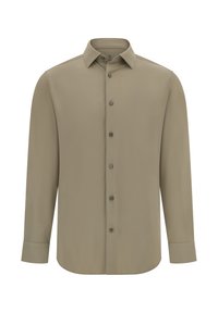 Langearmige button-up blouse in een gedempt beige kleur, gemaakt van gladde stof, met een klassieke kraag en zes knopen aan de voorkant.