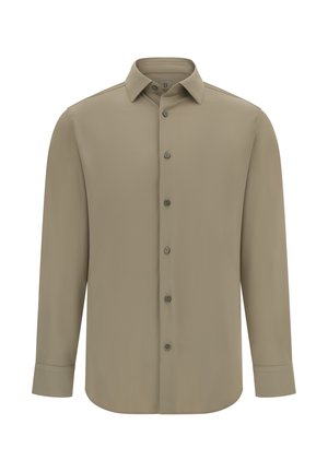 Camicia a maniche lunghe con bottoni, di colore beige tenue, realizzata in tessuto morbido, con colletto classico e sei bottoni frontali.