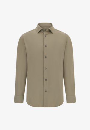 Koszula z długim rękawem zapinana na guziki w stonowanym beżowym kolorze, wykonana z gładkiego materiału, z klasycznym kołnierzykiem i sześcioma guzikami z przodu.