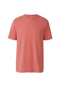 Korte mouwen T-shirt, koraalkleur, gemaakt van zachte stof. Ronde halsontwerp met een ontspannen pasvorm en geen zichtbare patronen of accenten.