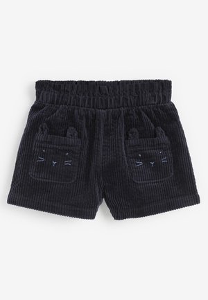 Pantalones cortos de pana negra para niño pequeño con cintura elástica y bolsillos delanteros con caras de gato y orejas bordadas.