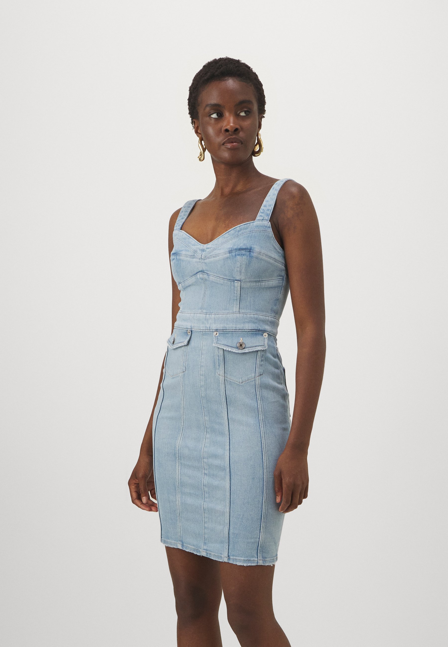 Midi Dress New Look Jean Dress Robe En Jean Blue Denim Tiered Tie - Main Image
