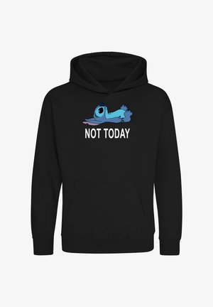 Schwarzer Kapuzenpullover mit einem blauen Cartoon-Charakter, der liegt, und dem Text "NICHT HEUTE" in Weiß unterhalb des Charakters.