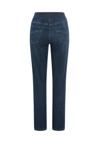 Jeans in denim blu scuro con una cintura liscia, taglio dritto, due tasche posteriori e dettagli di cucitura sottili. Design classico e versatile.