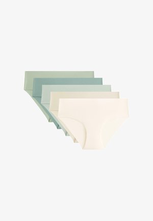 Pet par ženskih hipster hlačk v pastelnih barvah: svetlo zelena, mehka teal, svetlo modra, kremna in bledo bež. Gladko blago, brez vzorcev.