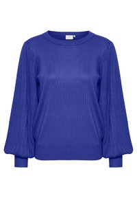 Niebieski sweter dziany z okrągłym dekoltem, długimi bufkami z prążkowanym ściągaczem oraz teksturowanym korpusem; kończy się w talii jednolitym brzegiem.