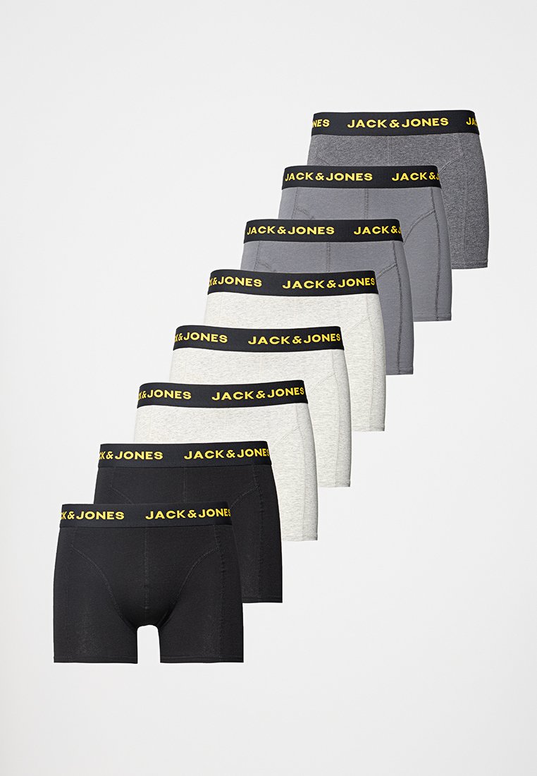 Juego de ocho boxer para hombre en negro, gris y gris claro. Fabricados con tela suave y cinturilla elástica negra con "JACK & JONES" en amarillo.