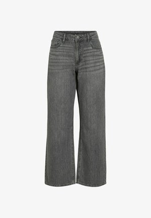 Jeans o szerokich nogawkach z ciemnoszarego dżinsu, z wysokim stanem, z przednimi kieszeniami, z zapięciem na guzik oraz subtelnymi pionowymi przeszyciami.