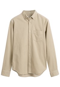 Beige långärmad skjorta i mjukt tyg, med knapp-down krage, en bröstficka och rundad nederkant för en avslappnad passform.