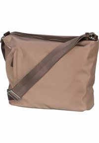 Brown nylon crossbody bag with a textured surface, adjustable strap, and zippered closure. Features an exterior pocket on the side.