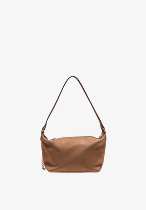 Borsa a tracolla in camoscio marrone con singola tracolla e chiusura superiore con cerniera, mostrata su sfondo bianco.