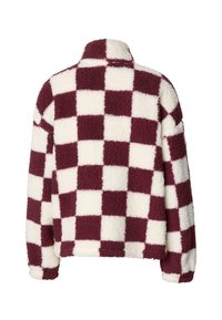 Fleecový pulovr s vysokým límcem v bordó a bílé kostkované vzoru. Měkká textura a volný střih. Dlouhé rukávy.