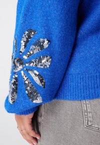 Pull en laine bleu à manches longues, avec un motif floral en sequins argentés sur la manche gauche. Texture douce et poignets côtelés.