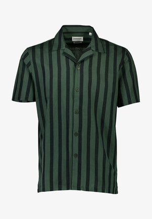 Kurzärmeliges Knopfleinen-Hemd mit dunkelgrünen und schwarzen vertikalen Streifen und Camp-Kragen.