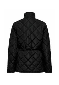 Veste matelassée noire avec surpiqûres en losange, col montant, manches longues et ceinture élastiquée, vue de dos sur fond blanc.