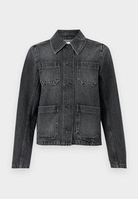 Zwart denim jasje met een kraag, vier voorzakken, knoopsluiting en een licht verouderde structuur.