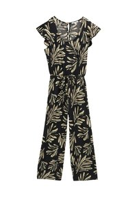 Jumpsuit nero con design a foglie nei colori beige e verde. Presenta maniche a sbuffo e vita legata. Realizzato in tessuto testurizzato.
