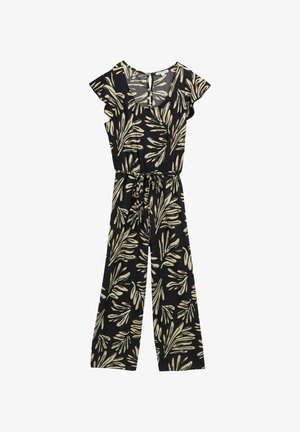 Melnā kombinezons ar lapu rakstu beige un zaļā krāsā. Iekļauj plecu uzlēkšanas piedurknes un sasienamu vidukli. Izgatavots no teksturēta auduma.