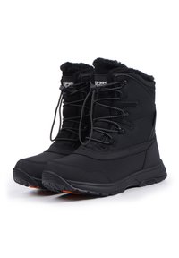 Zwarte winterboots met een textuur bovenkant, een voering van bont en contrasterende oranje accenten op de zool. Voorzien van stevige veters en een hoge enkelontwerp.